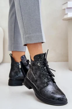 Clearance Damskie buty S.Barski Skórzane Lakierowane Botki Damskie Ocieplane Na Zamek D&A LZ42-042 Czarno-Szare Czarny