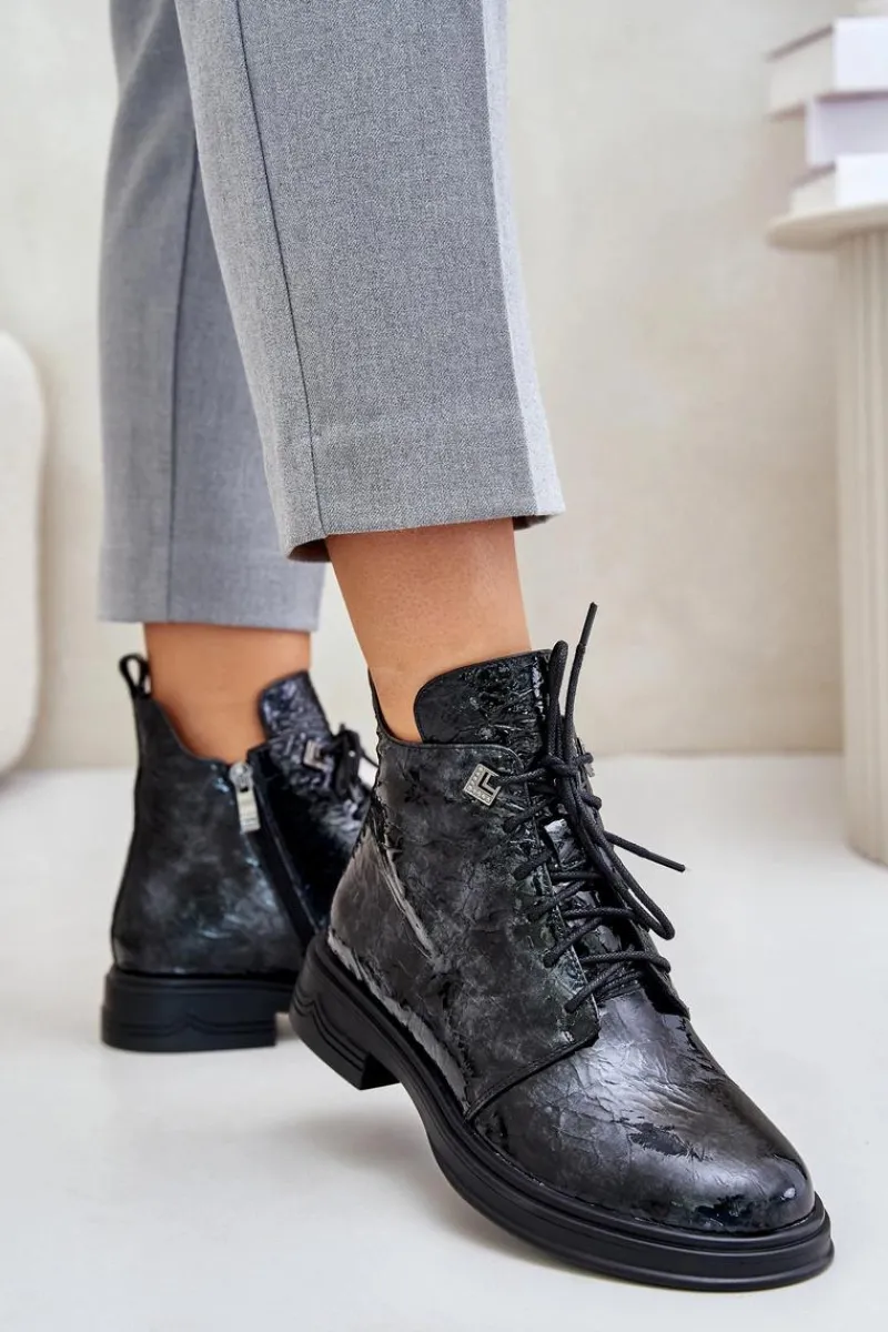 Clearance Damskie buty S.Barski Skórzane Lakierowane Botki Damskie Ocieplane Na Zamek D&A LZ42-042 Czarno-Szare Czarny