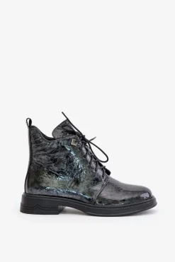 Clearance Damskie buty S.Barski Skórzane Lakierowane Botki Damskie Ocieplane Na Zamek D&A LZ42-042 Czarno-Szare Czarny