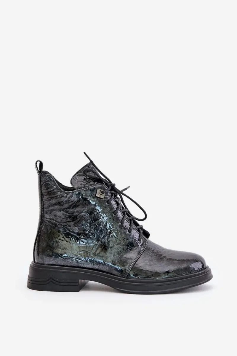 Clearance Damskie buty S.Barski Skórzane Lakierowane Botki Damskie Ocieplane Na Zamek D&A LZ42-042 Czarno-Szare Czarny