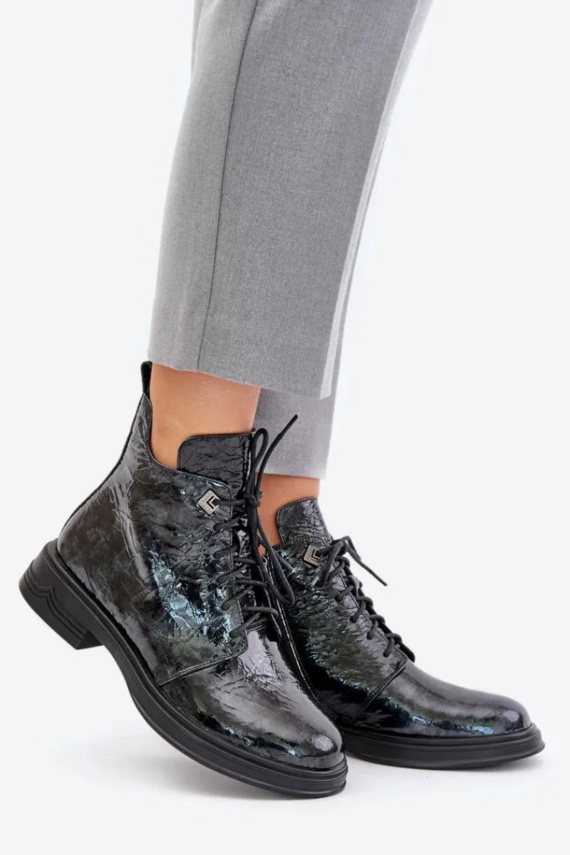 Clearance Damskie buty S.Barski Skórzane Lakierowane Botki Damskie Ocieplane Na Zamek D&A LZ42-042 Czarno-Szare Czarny