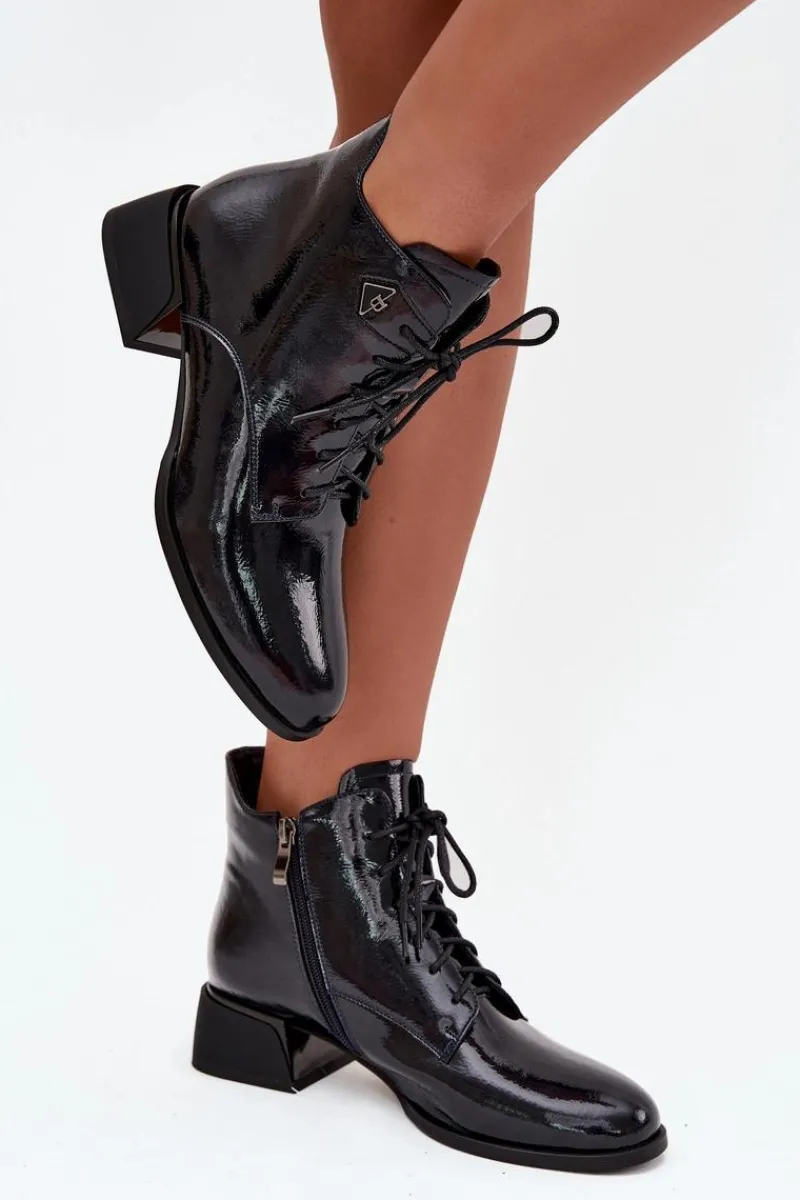 Hot Skórzane Lakierowane Botki Damskie Na Klocku 57C1117 Czarne Damskie Botki Ocieplane|Botki Skórzane