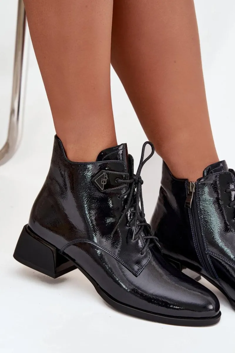 Hot Skórzane Lakierowane Botki Damskie Na Klocku 57C1117 Czarne Damskie Botki Ocieplane|Botki Skórzane