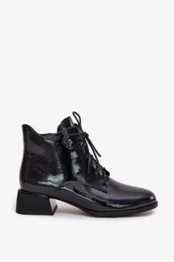 Hot Skórzane Lakierowane Botki Damskie Na Klocku 57C1117 Czarne Damskie Botki Ocieplane|Botki Skórzane