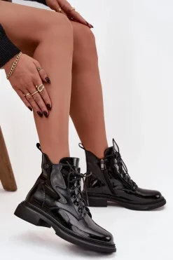 Outlet Skórzane Lakierowane Botki Ocieplane Czarne Gisella Damskie Botki Ocieplane|Botki Sznurowane