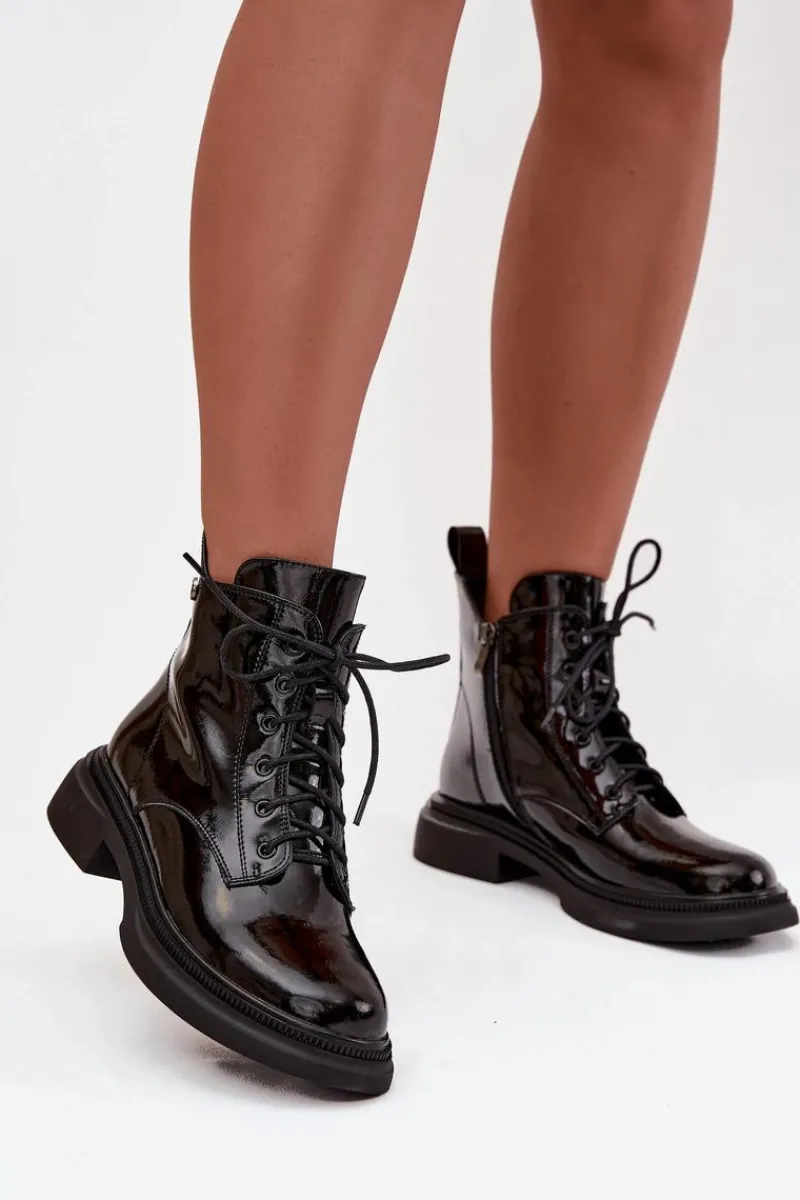 Outlet Skórzane Lakierowane Botki Ocieplane Czarne Gisella Damskie Botki Ocieplane|Botki Sznurowane