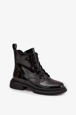 Outlet Skórzane Lakierowane Botki Ocieplane Czarne Gisella Damskie Botki Ocieplane|Botki Sznurowane