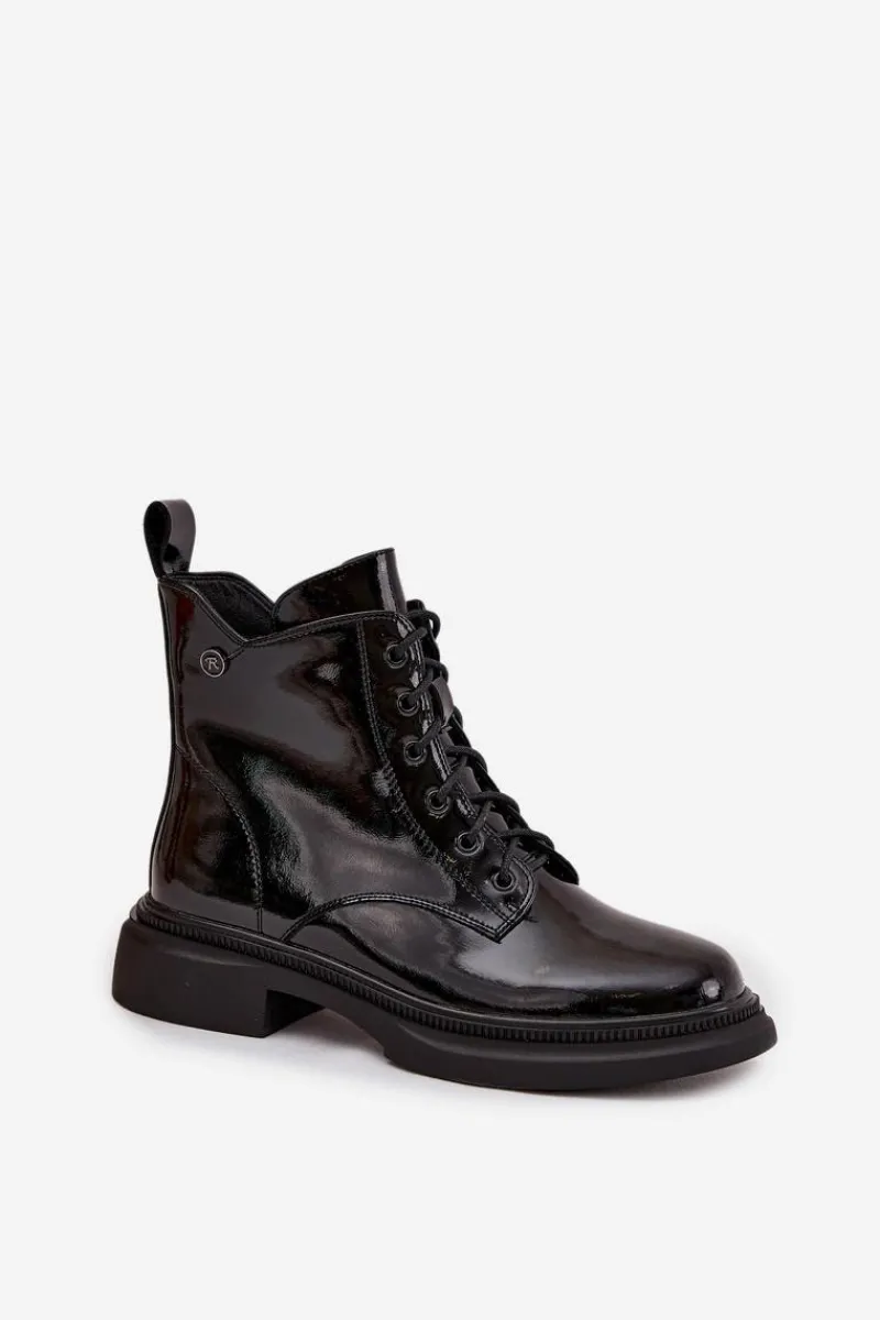 Outlet Skórzane Lakierowane Botki Ocieplane Czarne Gisella Damskie Botki Ocieplane|Botki Sznurowane