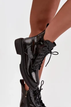 Outlet Skórzane Lakierowane Botki Ocieplane Czarne Gisella Damskie Botki Ocieplane|Botki Sznurowane