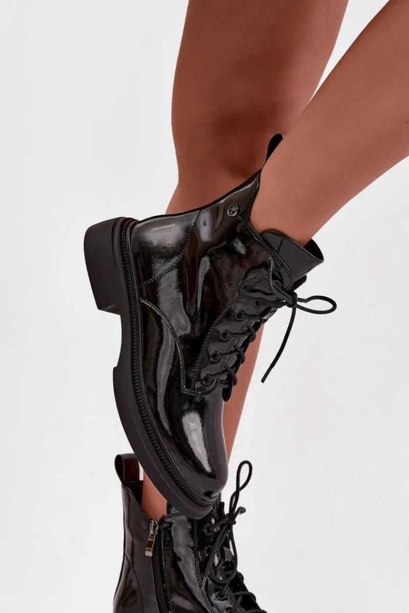 Outlet Skórzane Lakierowane Botki Ocieplane Czarne Gisella Damskie Botki Ocieplane|Botki Sznurowane