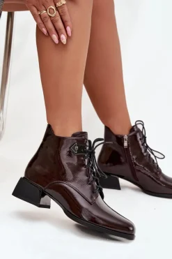 Best Artiker Skórzane Lakierowane Botki Damskie Na Klocku 57C1119 Bordowe