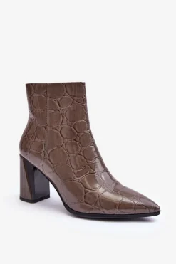 Hot Damskie buty S.Barski Skórzane Lakierowane Botki Na Słupku S.Barski MR870-58 Ciemnobeżowe