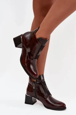 Outlet Zazoo Skórzane Lakierowane Botki Na Klocku Z Ozdobnym Detalem Ocieplane 60560 Ciemnobrązowe Brązowy