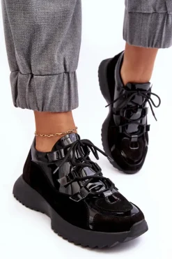 Clearance Skórzane Lakierowane Buty Sportowe Damskie M01/2 Czarne Damskie Buty Sportowe Na Platformie|Sneakersy Damskie