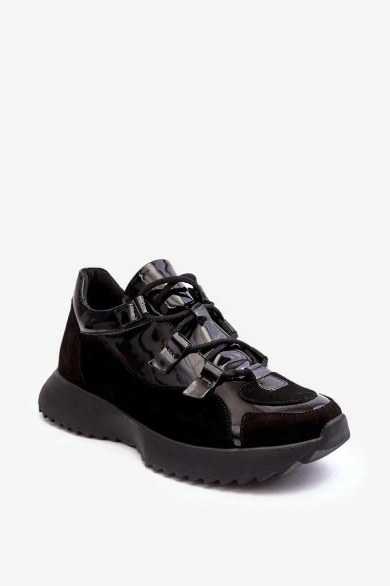 Clearance Skórzane Lakierowane Buty Sportowe Damskie M01/2 Czarne Damskie Buty Sportowe Na Platformie|Sneakersy Damskie