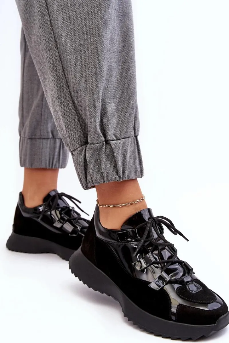 Clearance Skórzane Lakierowane Buty Sportowe Damskie M01/2 Czarne Damskie Buty Sportowe Na Platformie|Sneakersy Damskie