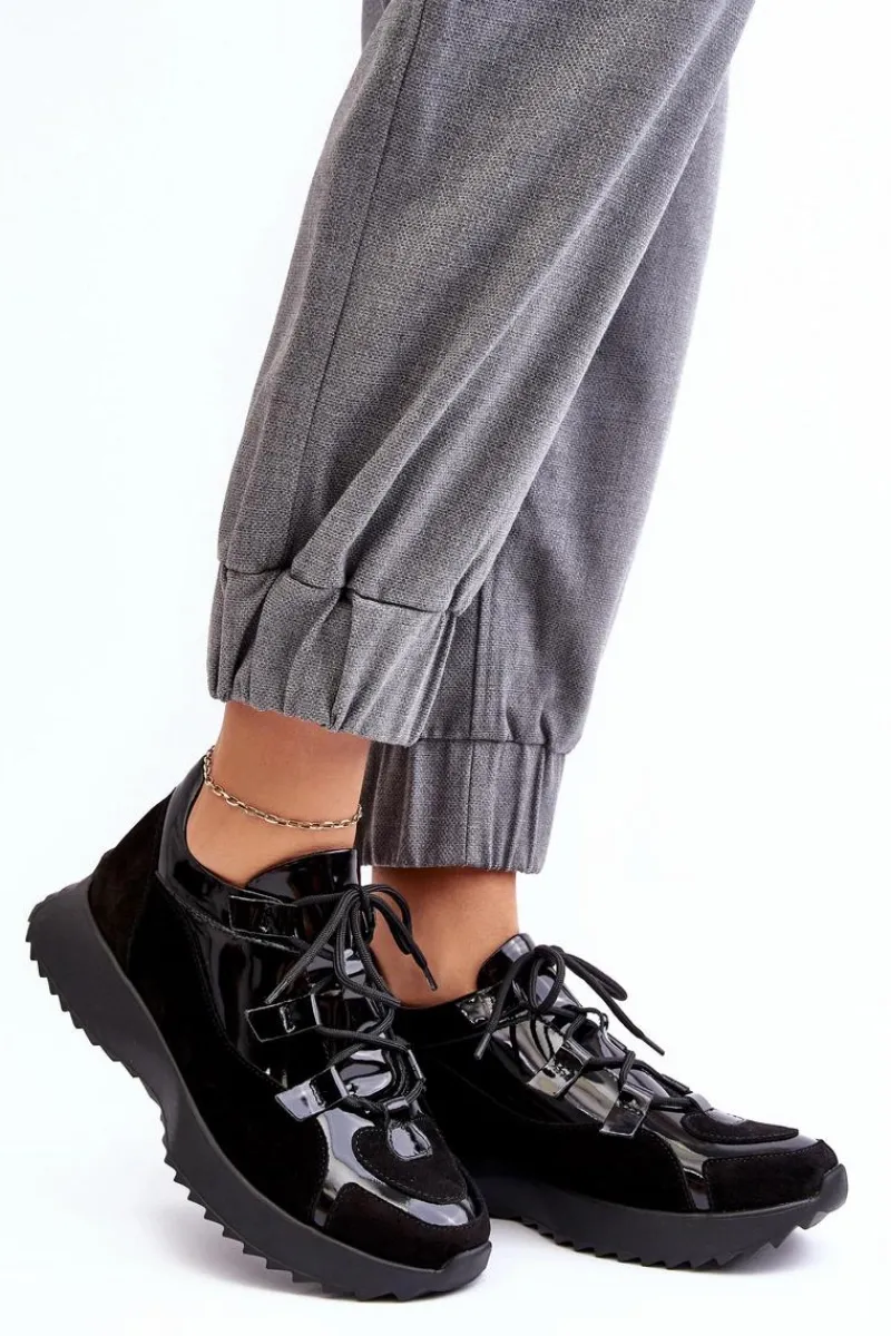 Clearance Skórzane Lakierowane Buty Sportowe Damskie M01/2 Czarne Damskie Buty Sportowe Na Platformie|Sneakersy Damskie