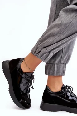 Clearance Skórzane Lakierowane Buty Sportowe Damskie M01/2 Czarne Damskie Buty Sportowe Na Platformie|Sneakersy Damskie