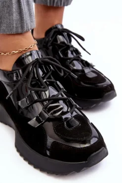 Clearance Skórzane Lakierowane Buty Sportowe Damskie M01/2 Czarne Damskie Buty Sportowe Na Platformie|Sneakersy Damskie
