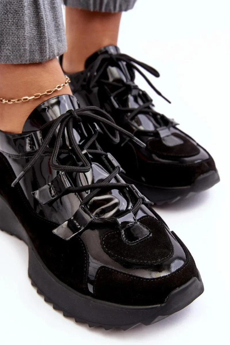 Clearance Skórzane Lakierowane Buty Sportowe Damskie M01/2 Czarne Damskie Buty Sportowe Na Platformie|Sneakersy Damskie