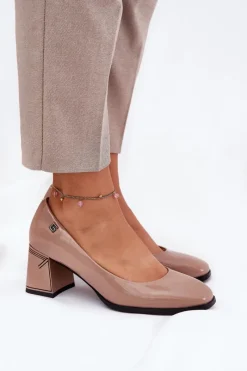 Best Buty damskie Vinceza Skórzane Lakierowane Czółenka Na Słupku Vinceza 91130 Beżowe Beżowy