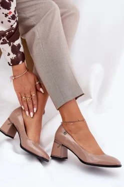 Best Buty damskie Vinceza Skórzane Lakierowane Czółenka Na Słupku Vinceza 91130 Beżowe Beżowy