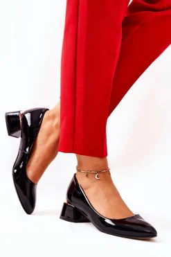 Czółenka Na Słupku>Boto Skórzane Lakierowane Czółenka Lewski 3118 Czarne Czarny