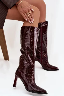 New Skórzane Lakierowane Kozaki Damskie Ocieplane CR52-716 Bordowe Damskie Kozaki Ocieplane|Kozaki Na Słupku