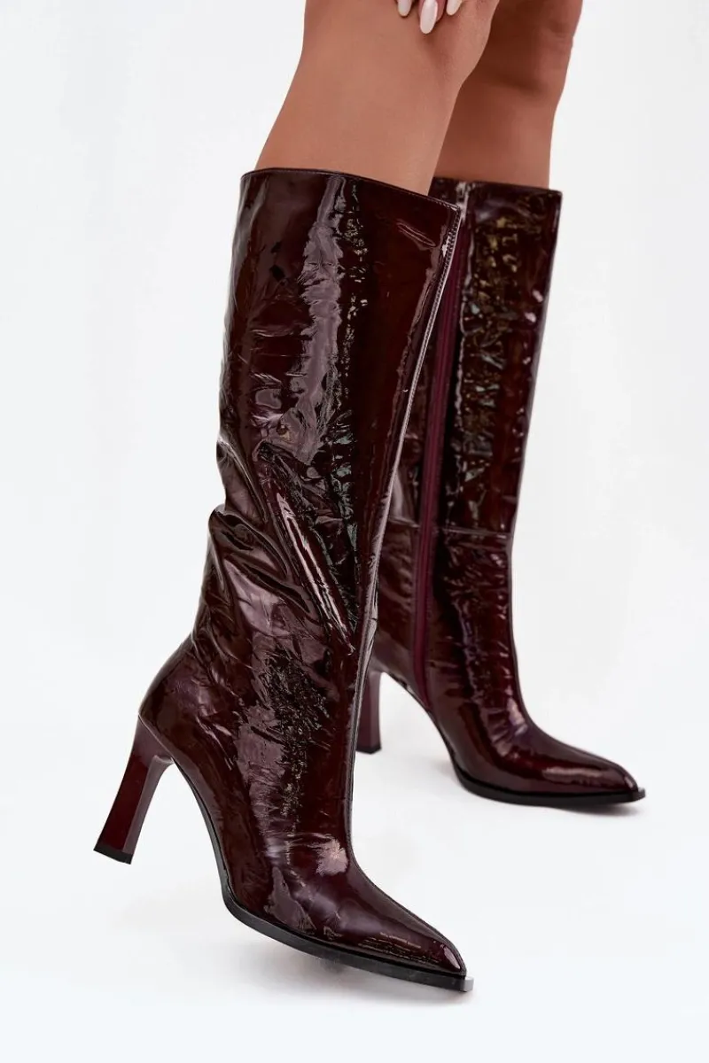 New Skórzane Lakierowane Kozaki Damskie Ocieplane CR52-716 Bordowe Damskie Kozaki Ocieplane|Kozaki Na Słupku