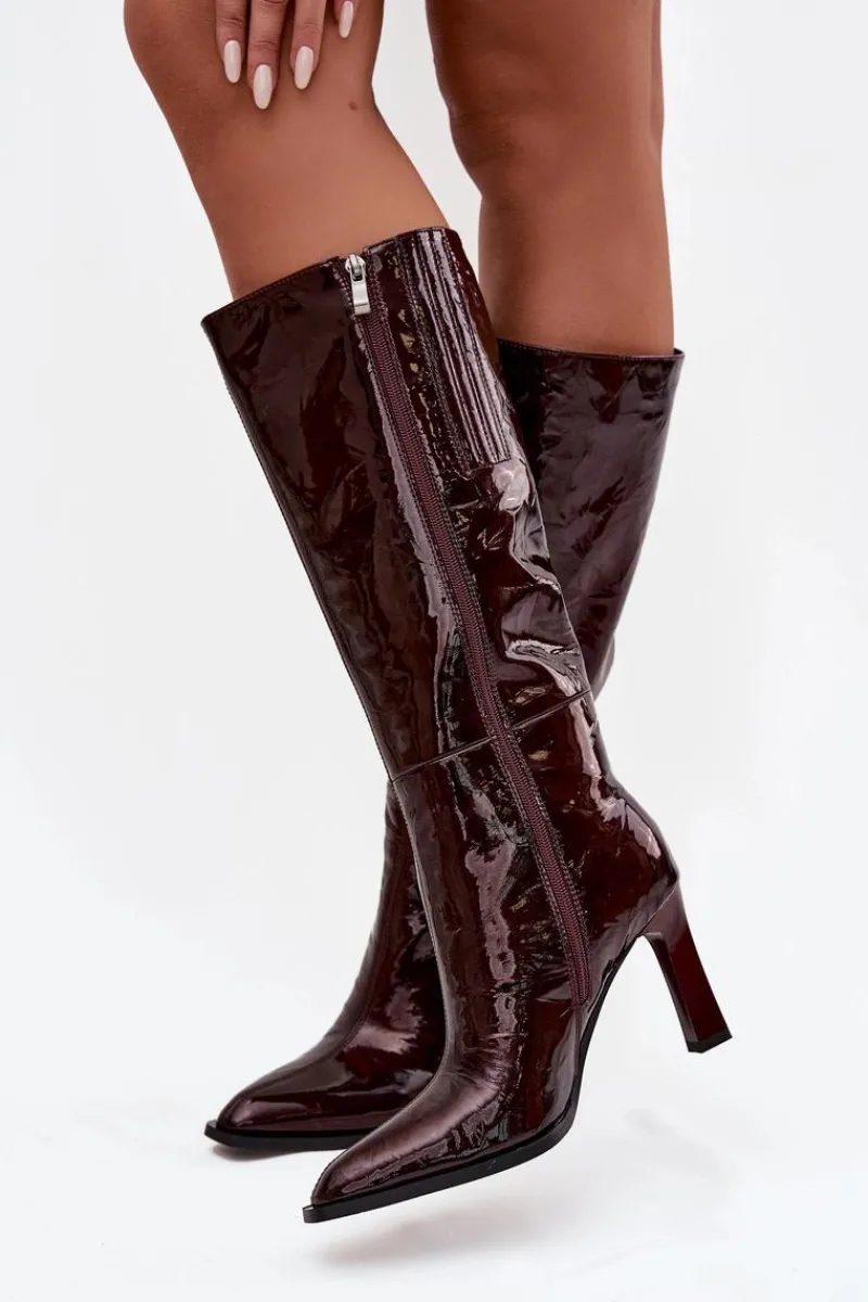 New Skórzane Lakierowane Kozaki Damskie Ocieplane CR52-716 Bordowe Damskie Kozaki Ocieplane|Kozaki Na Słupku