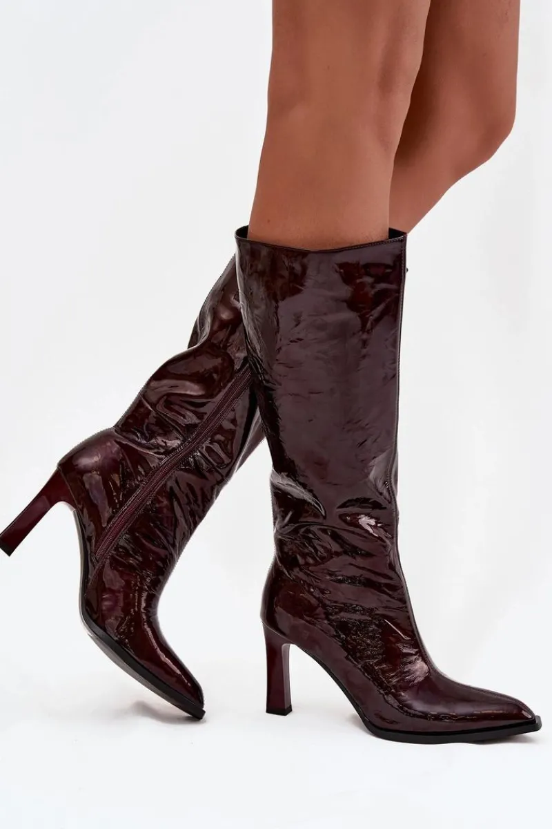 New Skórzane Lakierowane Kozaki Damskie Ocieplane CR52-716 Bordowe Damskie Kozaki Ocieplane|Kozaki Na Słupku