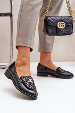 New Laura Messi Skórzane Lakierowane Mokasyny Ze Złotą Ozdobą 2927 Czarne