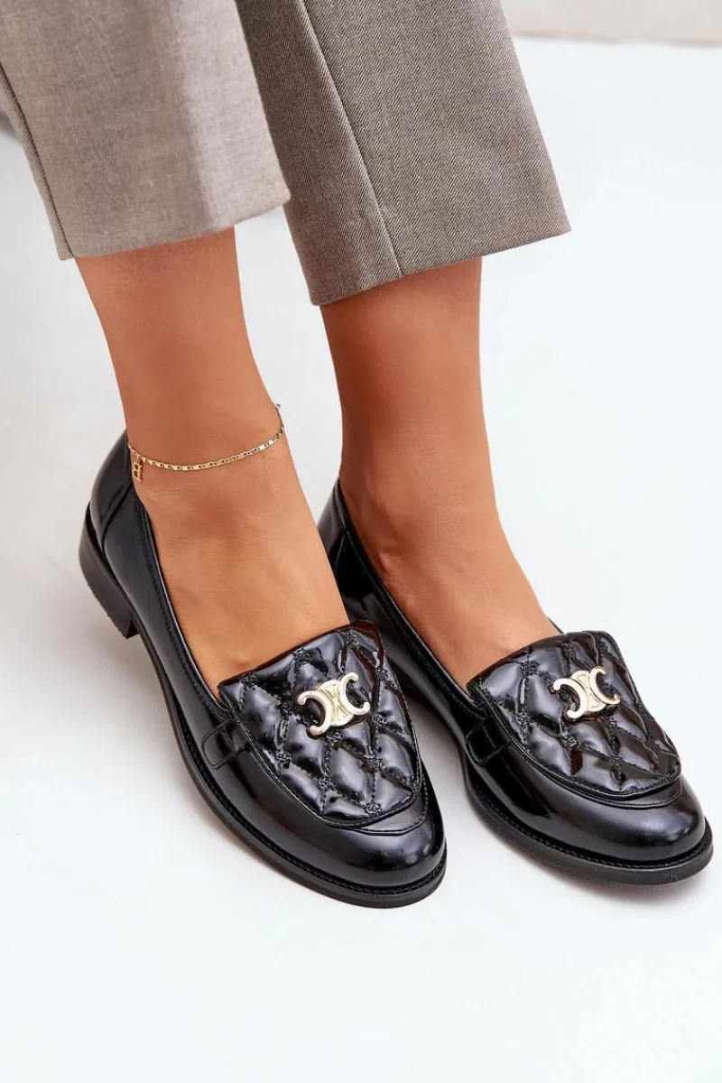 New Laura Messi Skórzane Lakierowane Mokasyny Ze Złotą Ozdobą 2927 Czarne