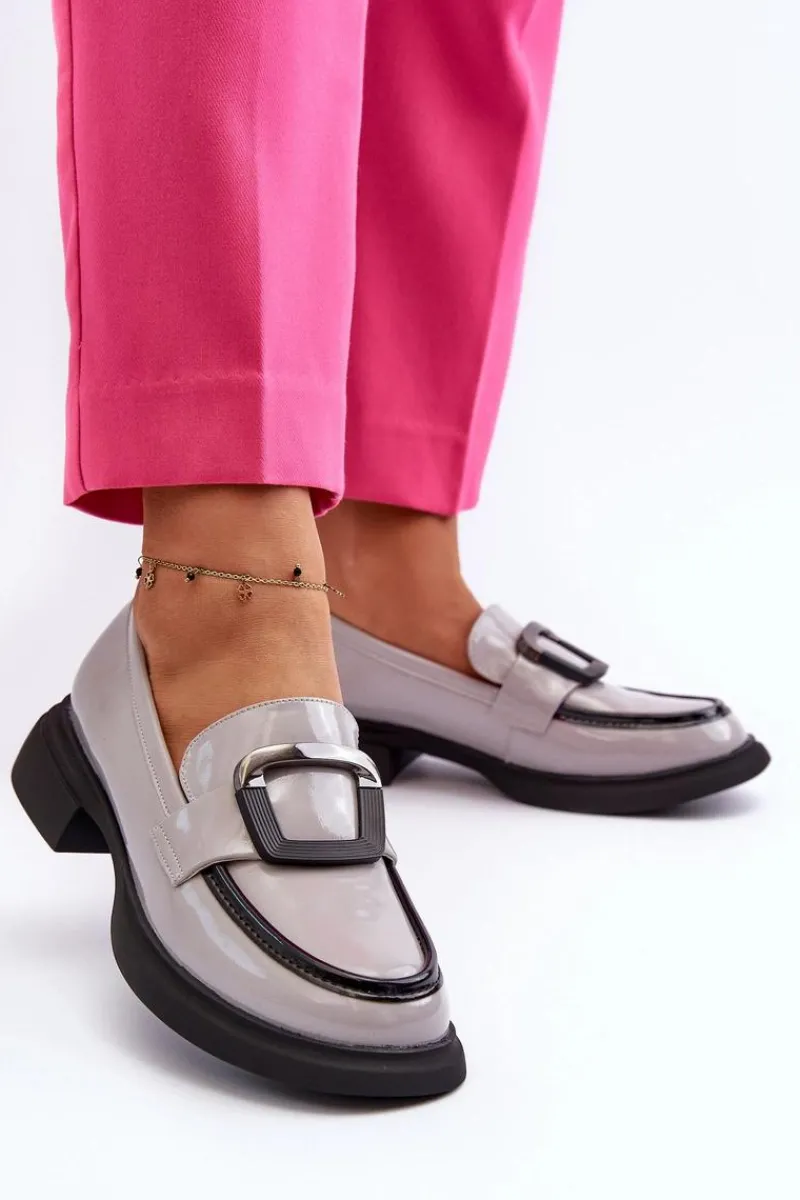 Hot Buty damskie Vinceza Skórzane Lakierowane Mokasyny Damskie Szare Fidodia