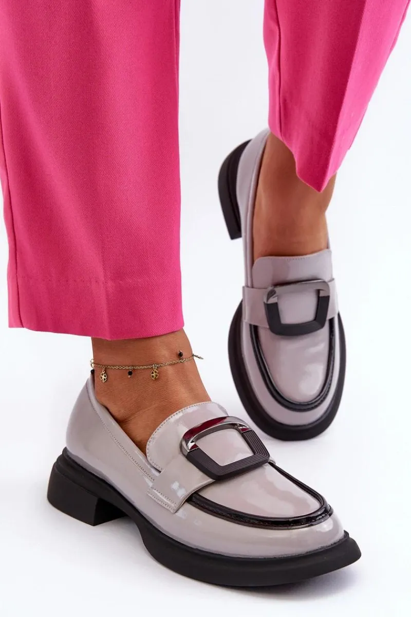 Hot Buty damskie Vinceza Skórzane Lakierowane Mokasyny Damskie Szare Fidodia