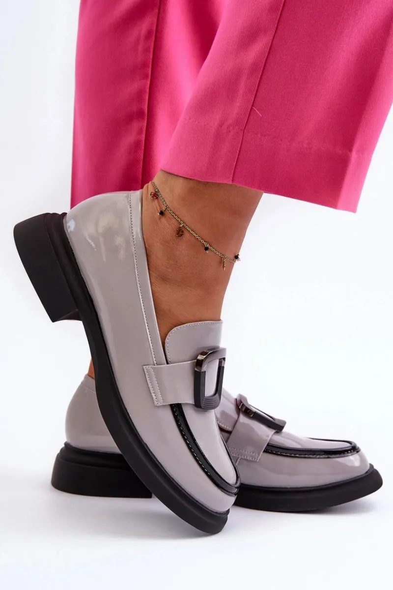 Hot Buty damskie Vinceza Skórzane Lakierowane Mokasyny Damskie Szare Fidodia