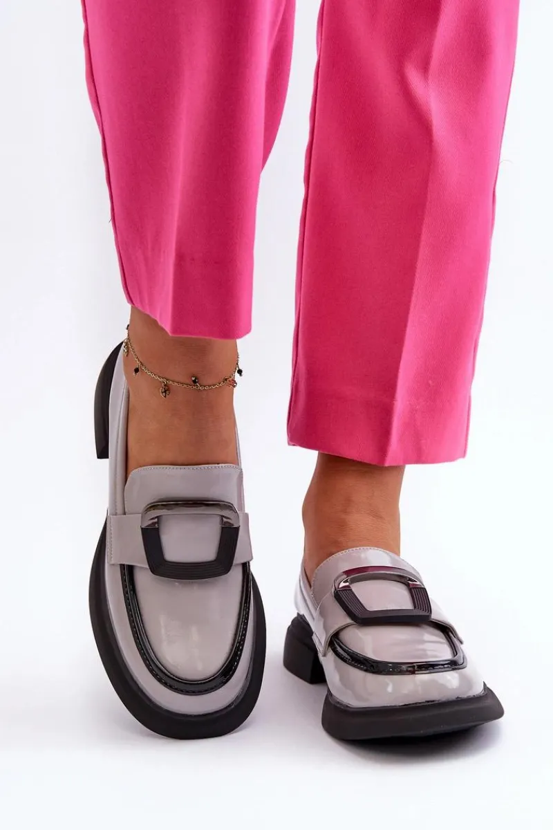 Hot Buty damskie Vinceza Skórzane Lakierowane Mokasyny Damskie Szare Fidodia