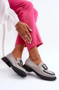 Hot Buty damskie Vinceza Skórzane Lakierowane Mokasyny Damskie Szare Fidodia