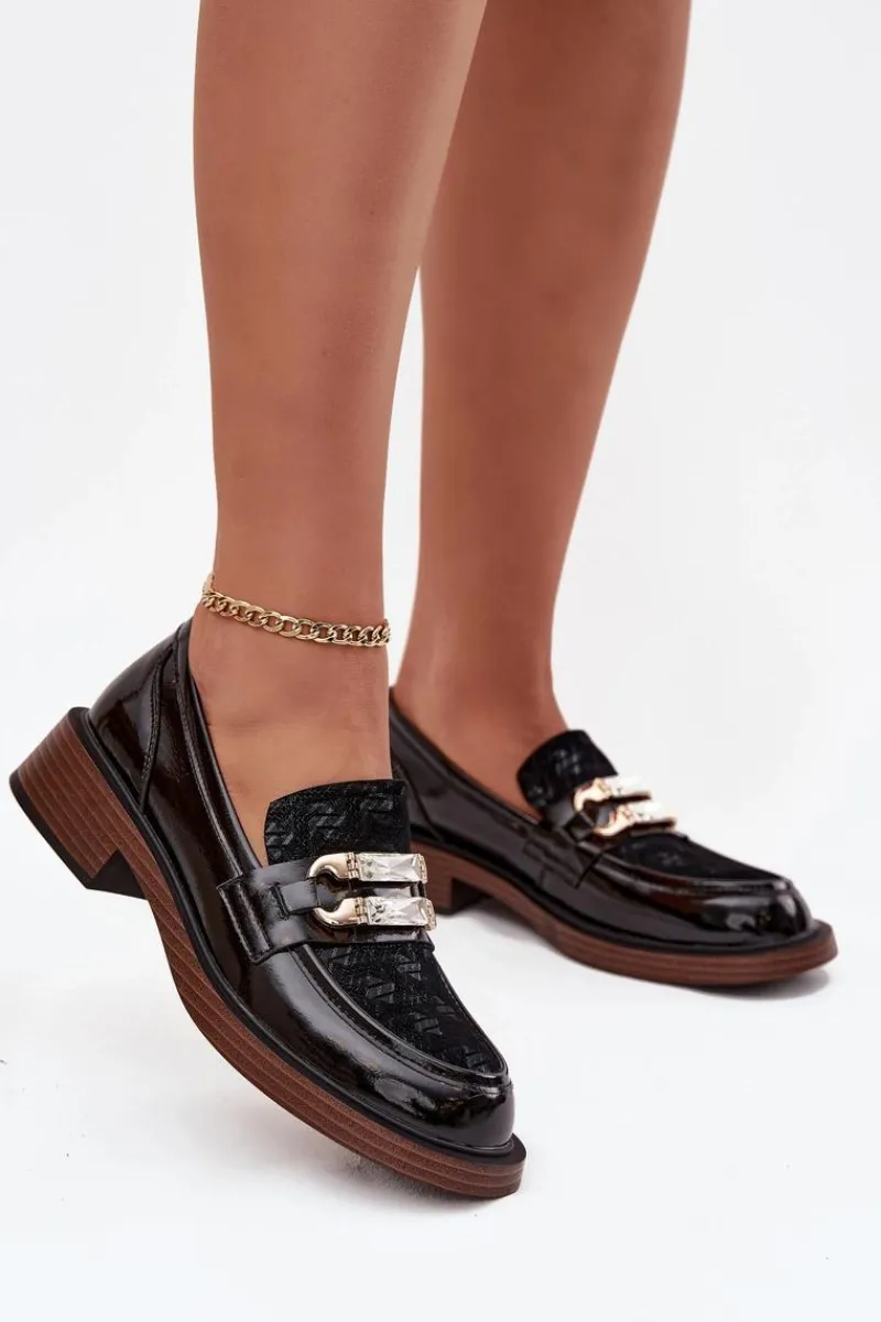 New Skórzane Lakierowane Mokasyny Damskie Z Ozdobnym Detalem MR52-173 Czarne Damskie Loafersy Damskie|Mokasyny Damskie Skórzane