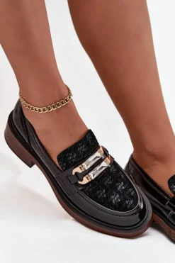 New Skórzane Lakierowane Mokasyny Damskie Z Ozdobnym Detalem MR52-173 Czarne Damskie Loafersy Damskie|Mokasyny Damskie Skórzane