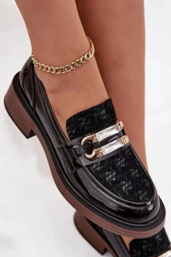 New Skórzane Lakierowane Mokasyny Damskie Z Ozdobnym Detalem MR52-173 Czarne Damskie Loafersy Damskie|Mokasyny Damskie Skórzane