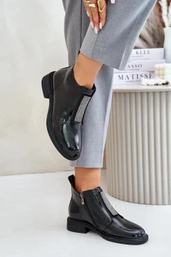 Outlet Damskie buty S.Barski Skórzane Lakierowane Niskie Botki Ze Zdobieniem Na Zamek D&A MR880-142 Czarne