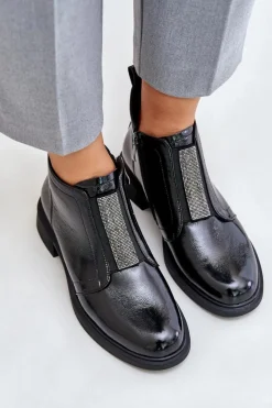 Outlet Damskie buty S.Barski Skórzane Lakierowane Niskie Botki Ze Zdobieniem Na Zamek D&A MR880-142 Czarne