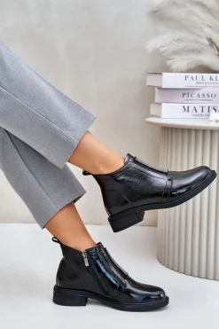 Outlet Damskie buty S.Barski Skórzane Lakierowane Niskie Botki Ze Zdobieniem Na Zamek D&A MR880-142 Czarne