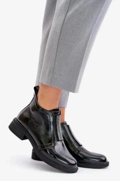 Outlet Damskie buty S.Barski Skórzane Lakierowane Niskie Botki Ze Zdobieniem Na Zamek D&A MR880-142 Czarne