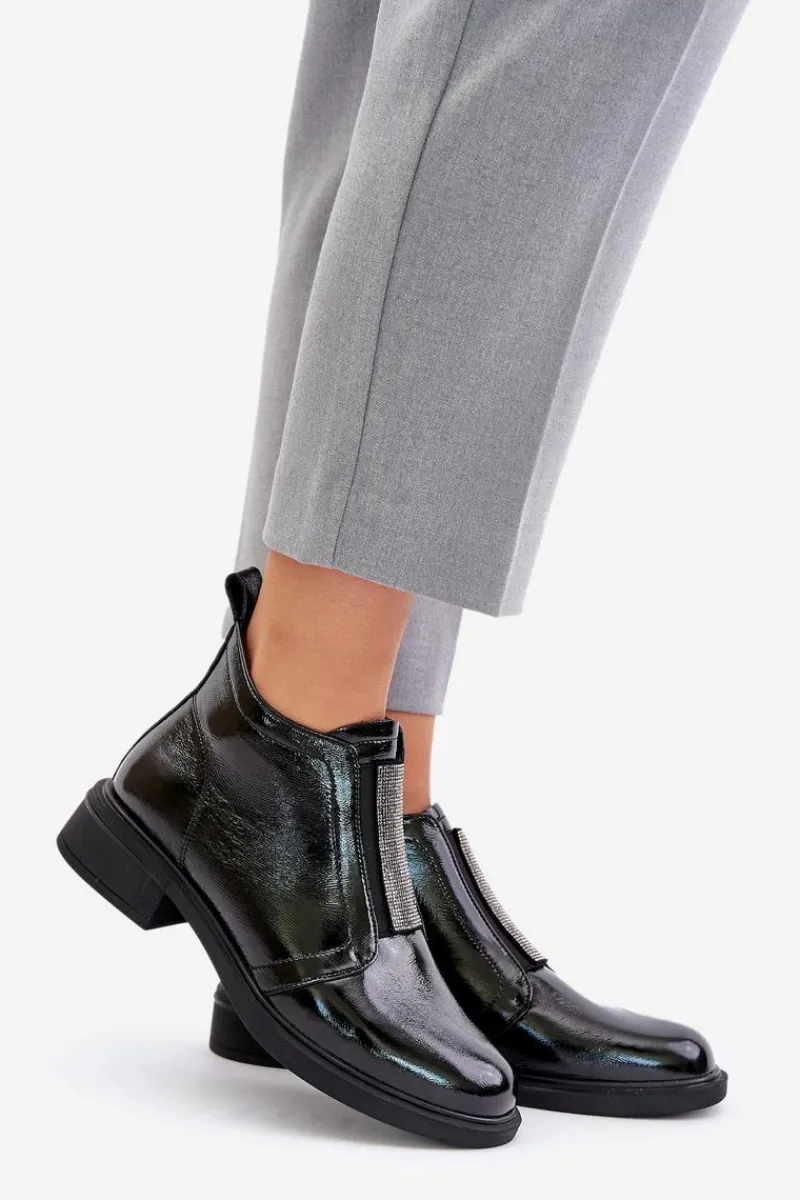 Outlet Damskie buty S.Barski Skórzane Lakierowane Niskie Botki Ze Zdobieniem Na Zamek D&A MR880-142 Czarne