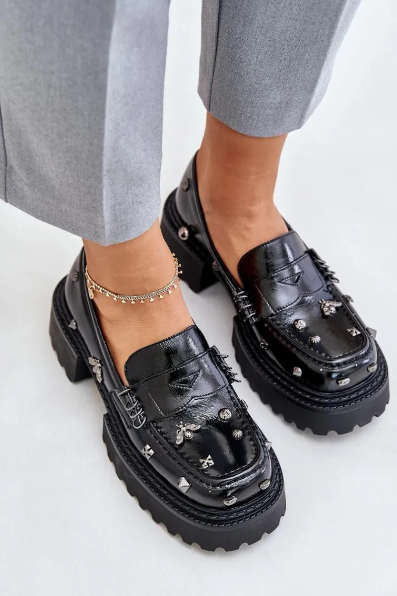 Półbuty Lakierowane|Półbuty Skórzane>Damskie buty S.Barski Skórzane Lakierowane Półbuty Damskie Z Ozdobami D&A MR880-103 Czarne