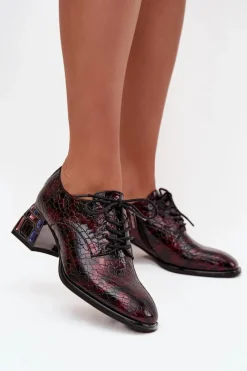 Online Skórzane Lakierowane Półbuty Damskie Na Obcasie Z Kryształkami 57C0073 Bordowe Damskie Półbuty Skórzane