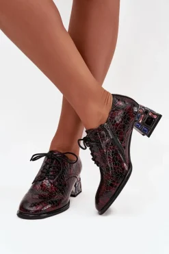 Online Skórzane Lakierowane Półbuty Damskie Na Obcasie Z Kryształkami 57C0073 Bordowe Damskie Półbuty Skórzane