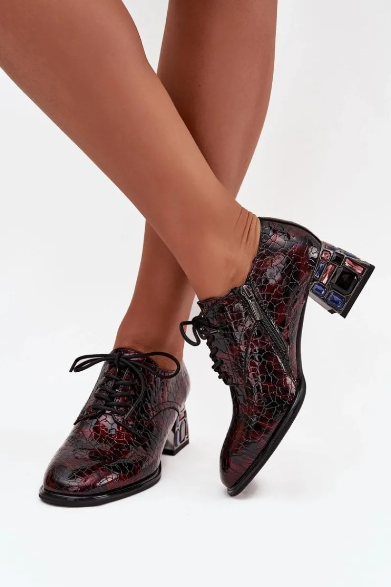 Online Skórzane Lakierowane Półbuty Damskie Na Obcasie Z Kryształkami 57C0073 Bordowe Damskie Półbuty Skórzane